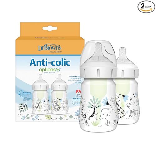 Dr. Brown's Anti-Colic Options+ Wide-Neck Baby Bottle Designer Edition Bottles, Jungle Decos, 5 oz/150 mL, Level 1 Nipple, 0m+, 2-Pack