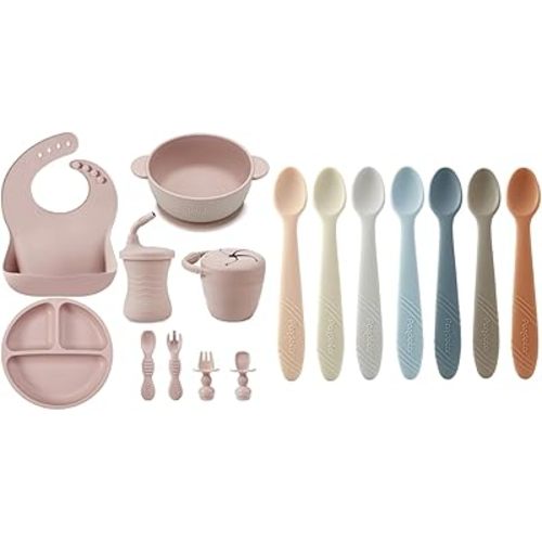 PandaEar 9PCS Silicone Baby Feeding Set & 7 Pack Silicone Baby Feeding Spoons