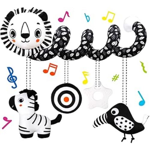 Car Seat Toys Stroller Spiral Hanging Stroller Black and White High Contrast Baby Toys for Newborn,Infant Plush Activity Sensory Toys for 0 2 4 6 8 10 12 Months Boys Girls(Lion