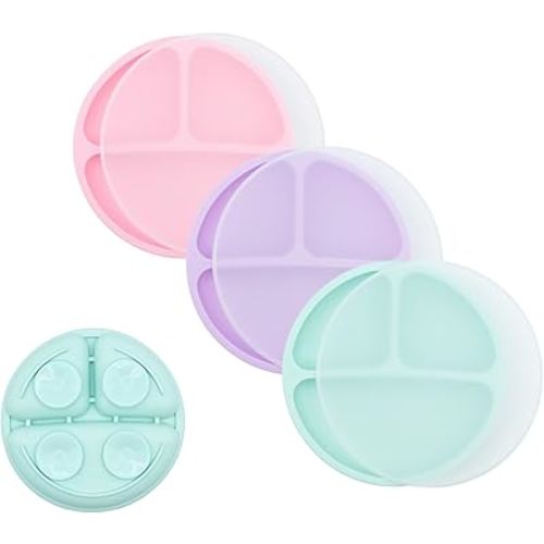 WeeSprout Suction Plates for Babies With Lids & Toddlers - 100% Silicone, Dinnerware Stays Put, Divided Design for Picky Eaters, Microwave & Dishwasher Friendly, 3 Pack