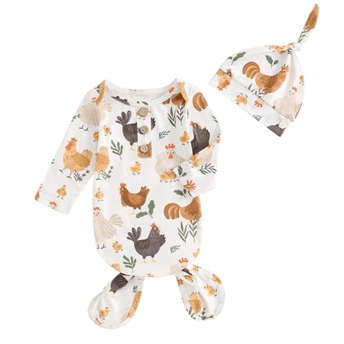 BULINGNA Newborn Baby Boy Girl Knotted Gown with Hat Farm Chicken Nightgown with Mittens One Piece Pajamas for Baby