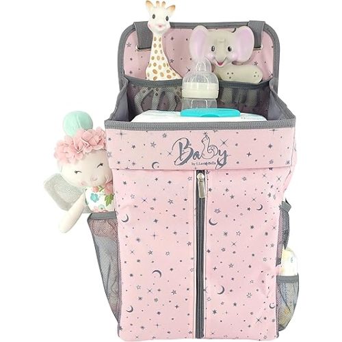 Hanging Diaper Caddy - Baby Diaper Organizer for Changing Table - Diaper Stacker for Crib, Playard or Wall - Newborn Diaper Holder (Pink)