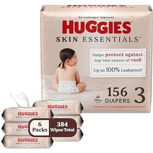 Bundle of Huggies Size 3 Diapers, Skin Essentials Baby Diapers, Size 3 (16-28 lbs), 156 Count (3 Packs of 62) + Huggies Skin Essentials Baby Wipes, 99% Water, 6 Flip Top Packs (336 Wipes Total)