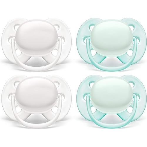 Philips AVENT Ultra Soft Pacifier, 0-6 Months, Arctic White/Green, 4 Pack, SCF214/40