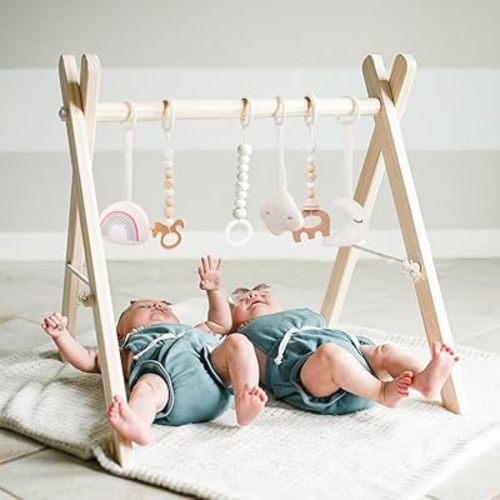 Wooden Baby Gym with 6 Gym Toys, Foldable Baby Play Gym, Natural Pine Wood Play Gym, Frame Activity Center Hanging Bar, Wooden Play Gym