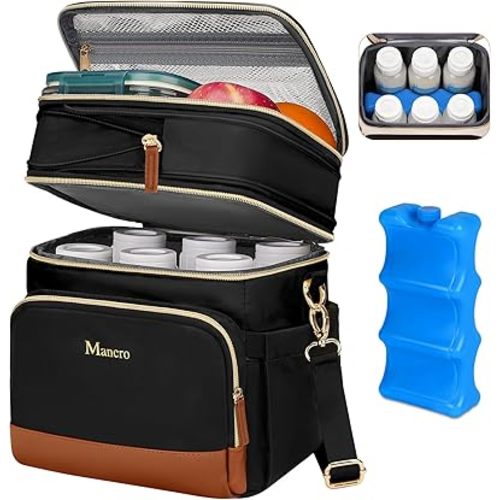 Mancro Expandable Breastmilk Cooler Bag with Ice Pack,Fits 6 Bottles Up to 9 Ounce, Double Layer Insulated Baby Bottle Bag for Daycare, Leakproof with Shoulder Strap for Nursing & Working Mom