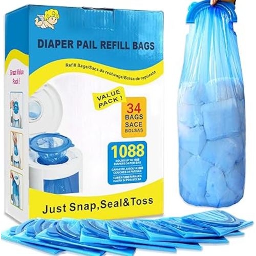 Diaper Pail Refill Bags,34 Bags Holds 1088 Counts Compatible with Arm&Hammer Diaper Pail Disposal System,Diaper Pail Snap,Seal and Toss Pail Refill Bags