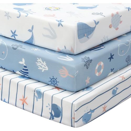 Baby Crib Sheets for Boys and Girls, 3 Pack Toddler Bed Sheets for 52”x28” Standard Toddler Mattresses, Soft Microfiber Fitted Crib Sheets Neutral Blue Ocean Whale
