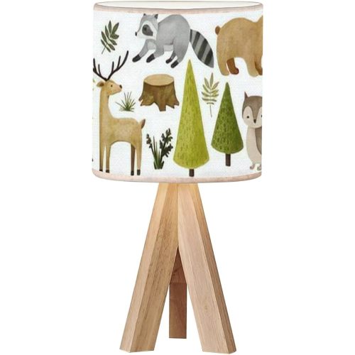 Tripod Bedside Desk Table Lamp Forest Animal Clipart Cute Raccoon Nightstand Lamp with Linen Fabric Shade for Nursery Bedroom Living Room Kids Room