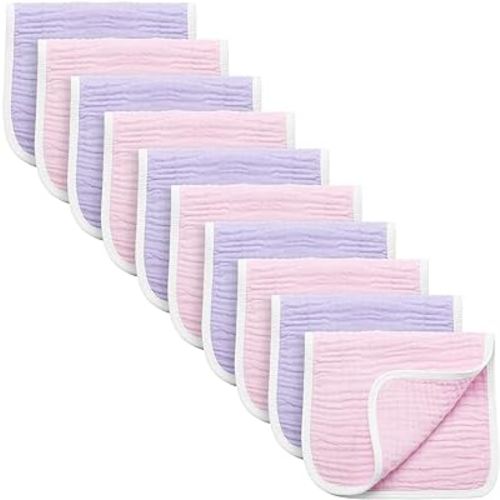 Synrroe Burp Cloths Large, Muslin Burp Cloths for Baby Girls, Pack of 10 Extra Absorbent and Soft Muslin Bibs, 6 Layers 20 by 10 Inches 100% Cotton (Pink-Purple 10 Pack)