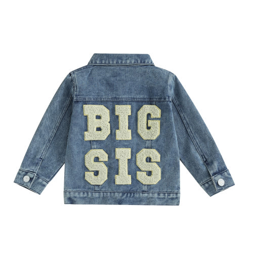 Big Little Sister Matching Outfit Toddler Baby Girl Denim Jacket Letter Embroidery Long Sleeve Button Down Jean Cardigan Coat