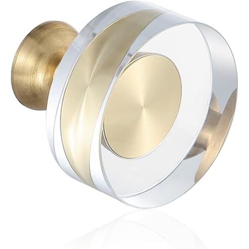 12-Pack 1-1/4-Inch White Cabinet Glass Crystal Brass knobs Brass Drawer Round Knobs Dresser Pulls, Gold Hardware Kitchen Closet knobs for Bifold Doors