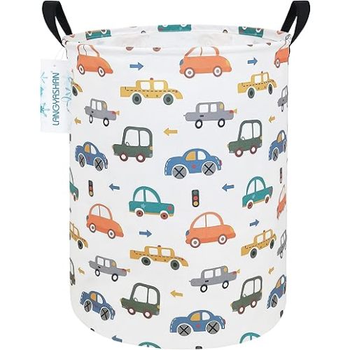 LANGYASHAN Laundry Basket Canvas Fabric Collapsible Organizer Basket for Storage Bin Toy Bins Gift Baskets Bedroom Clothes Children Nursery Hamper (Round Color Cars)