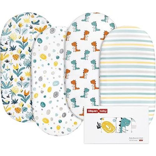 Gllquen Baby Bassinet Sheets 4 Pack, Breathable Cozy Fitted Mattress Sheet, Elastic Travel Crib Fashionable Floral Pattern, Standard Cradle Safe Sheets for Baby Boys Girls 32"x16"(Dinosaur)