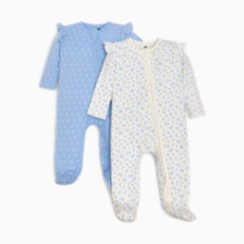 Small Story Organic Cotton Ruffle 2-Way Zip Footie (2 Pack) - Blue Floral & Mini Heart, 0-3 M