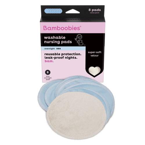 Bamboobies Washable Overnight Nursing Pads for Breastfeeding, Reusable Pads, Blue and White (4 Pairs)