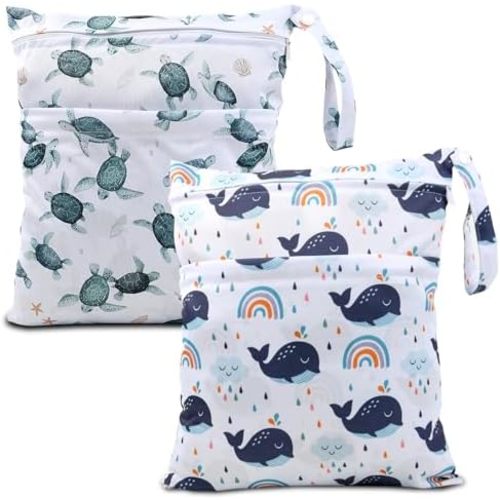 2pcs Cloth Diaper Wet Dry Bags Waterproof Reusable with Two Zippered Pockets Travel Beach Pool Daycare Soiled Baby Items Yoga Gym Bag for Swimsuits or Wet Clothes-Dolphin