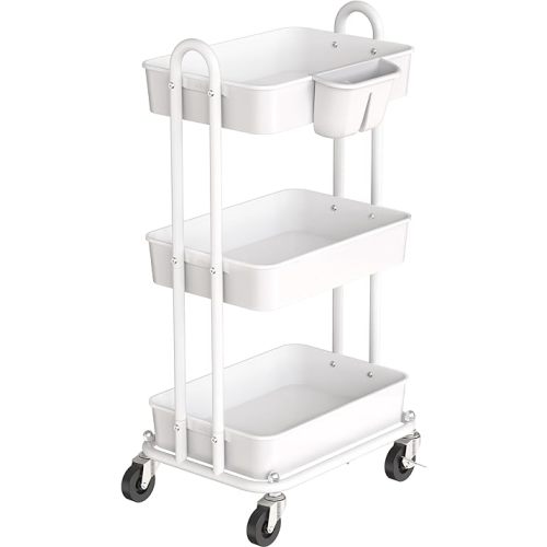 Simple Houseware 3-Tier Multifunctional Rolling Utility Cart with Hanging Bucket, White