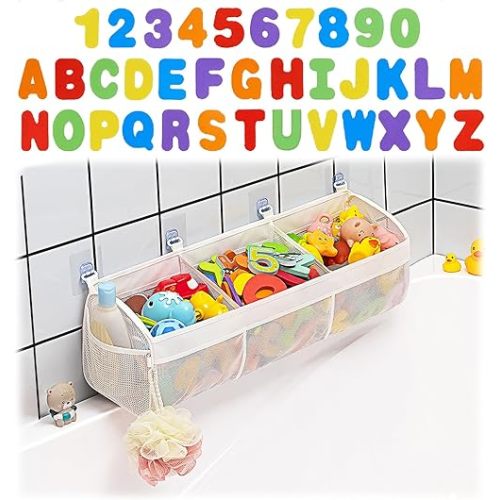 Mesh Bath Toy Storage for Tub - Large Capacity Bath Toy Organizer with Large Openings, Bath Tub Toy Holder for Easy Access to Toys - Bonus 36 ABC Soft Foam Letters and Numbers