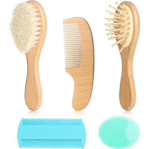 Goat Baby Hair Brush Set, Wooden Comb Massage Scalp Comb, Safe Natural Hair Care Kit, Soft Silicone Bath Brush for Newborns Toddlers (Brush Set+ Green Massager)