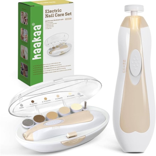 haakaa Baby Nail Care Electric Baby Nail File Kit with LED Light, Baby Nail Clippers for Newborn/Infants/Adults Toenails and Fingernails, 6 Replacement Heads & Storage Case, Acorn