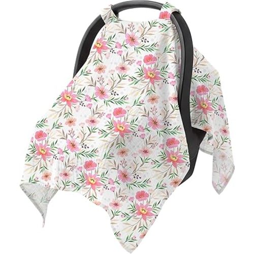 Baby Car Seat Cover - 100% Muslin Cotton Universal Breathable Canopies for Boys and Girls Soft Spring Summer Car Seat Cover Lightweight Infant Car Seat Canopy - Pink Floral