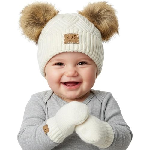 Funky Junque Baby Double Faux Fur Pom Pom Beanie & Mittens Set – Newborn Infant 0–9 Months Winter Hat with Soft Lined Mittens