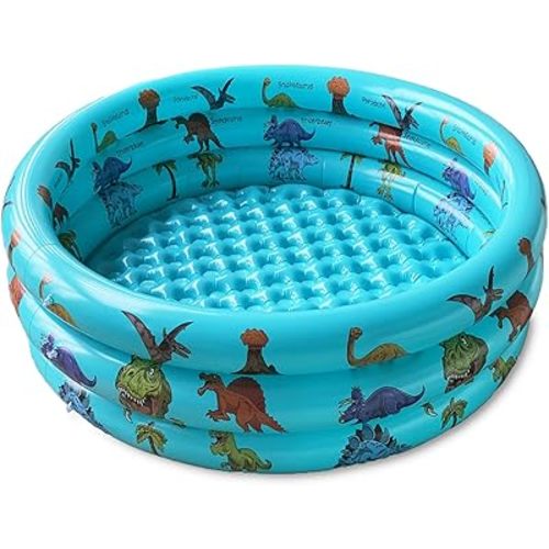 Dinosaur Inflatable Baby Pool - Small Toddler Blow Up 3 Rings Round Pad Pool, Outdoor/Indoor Play Center with Ball Pit & Toys - 48'x12'