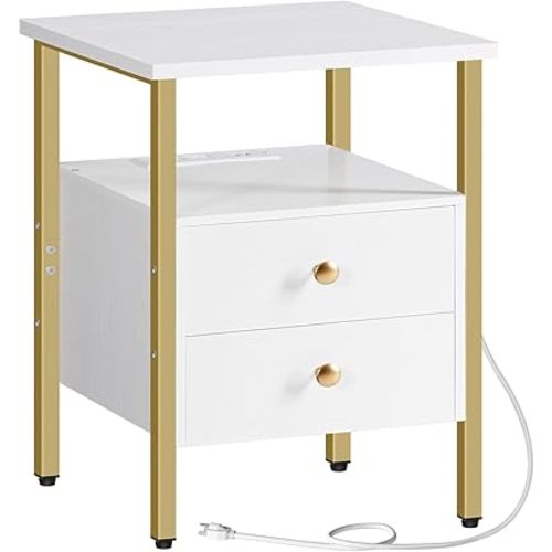 HOOBRO End Table with Charging Station, Bedside Table with 2 Drawer & USB Port & Type-C Port, Nightstand for Small Spaces, Stable and Sturdy, for Living Room, White and Gold DW43UBZ01