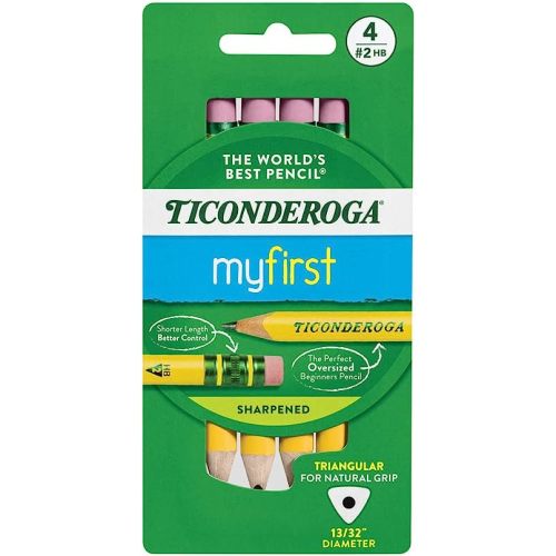 Ticonderoga My First Short Triangular Wood-Cased Pencils, #2 HB Soft, With Erasers, Yellow, 4 Count