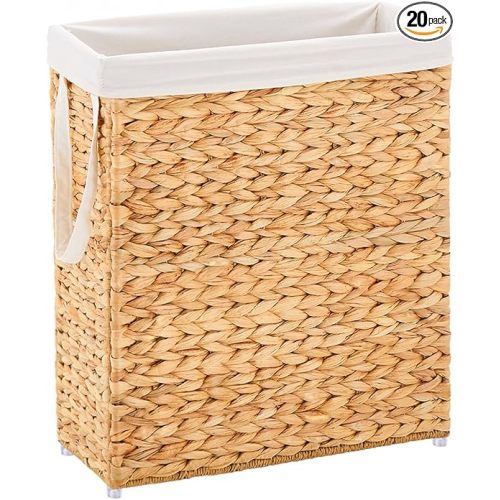 Handwoven Slim Laundry Hamper with Lid, 75L Natural Water Hyacinth Basket and Handles, Narrow Wicker Laundry Basket with Removable Liner Bag & 2 Mesh Bags