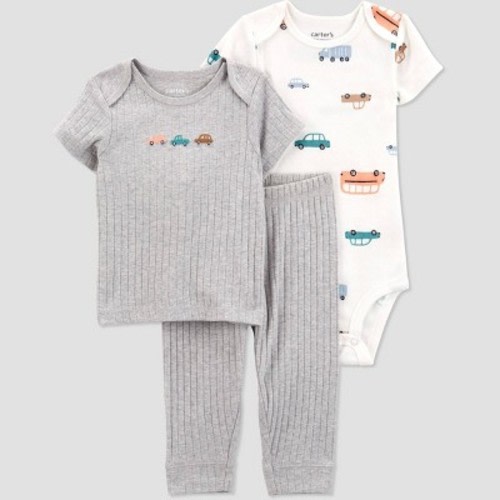 Carter's Just One You®️ Baby Boys' Vehicles Printed Top & Bottom Set - Heather Gray 3M: Cotton Blend, Crotch Snap, Pull-On Pants