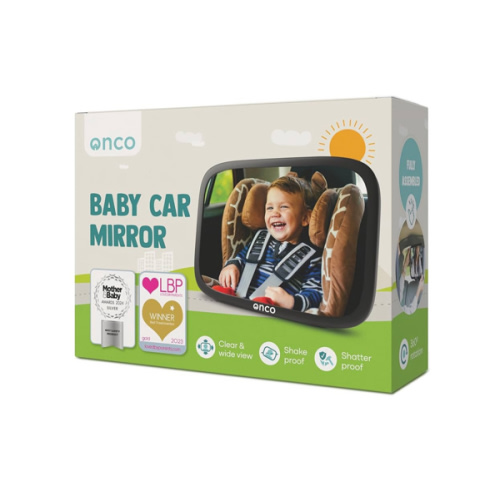Onco Baby Car Mirror Rear Facing - Double Award-Winning Convex Car Mirror for Baby, 100% Shatterproof & Shakeproof with 360° Rotation, Newborn Essentials (9.6 x 6.9 in)