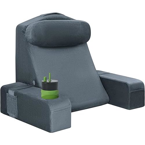 AS AWESLING Reading Pillow for Adults, Back Pillow for Bed Sitting Up, Backrest Pillow for Sitting in Bed, Detachable Arms with Built-in Cup & Phone Caddy (Dark Gray, 19 INCH)