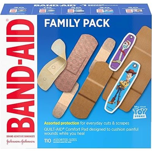 Band-Aid Adhesive Bandage Family Variety Pack in Assorted Sizes Featuring Water Block & Skin Flex, Flexible Fabric, Tough Strips & Pixar Character Bandages, 110 Count