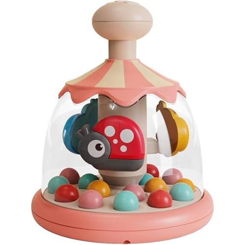 Press Spin Baby Toy Tumble Activity Dome Tumble Top Spinning and Ball Popping Infants Toy Push Spin Carousel Colorful Spinning Faces Activity Learn Cause Effect Toys for 6 Month Plus (Pink)
