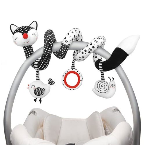 Euyecety Baby Spiral Plush Toys, Black White Stroller Toy Stretch & Spiral Activity Toy Car Seat Toys, Hanging Rattle Toys for Crib Mobile, Newborn Sensory Toy Best Gift for 0 3 6 9 12 Months Baby-Fox - Crww