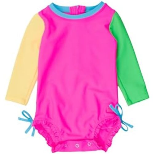 RuffleButts Baby Girls UPF 50+ Sun Protection Novelty Print Long Sleeve One Piece Rash Guard Swimsuit with Zipper