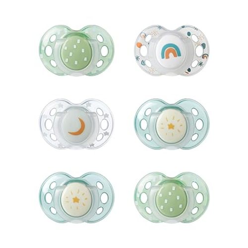 Tommee Tippee Night Time Pacifier, 18-36 Months, Symmetrical Silicone Baglet, BPA-Free Binkies, Glow in The Dark Technology, Green Rainbow, Pack of 6
