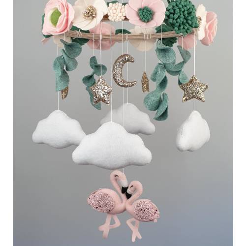 Flamingo baby girl mobile nursery, felt floral crib mobile, flower tropical baby mobile, gold stars moon mobile