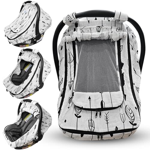 HippoBaby Car Seat Cover for Babies with 100% Cotton Muslin Material | Breathable Carseat Cover for Boys and Girls | Infant Car Seat Canopy for Boys and Girls (Arrows)