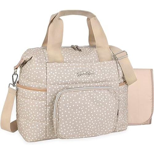 Jessica Simpson Quilted Baby Essentials Multifunction Multi-Pocket Fashion Diaper Bag Luggage Tote with Magnetic Front Wipes Pocket, Bottle Pockets & Changing Pad for Infant Boys & Girls in Taupe Dots