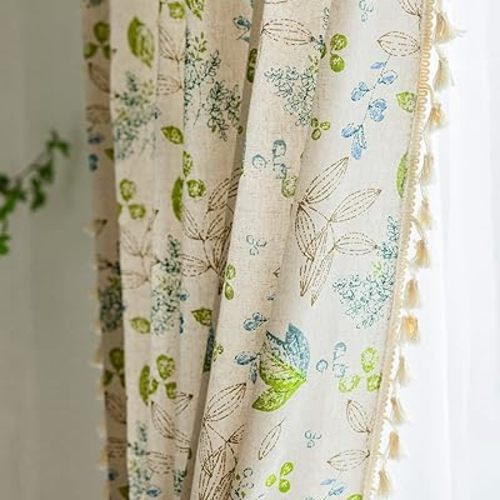 ENJOYBRIDAL Leaf Curtains 63 Inch Length 2 Panels Tassel Boho Semi Sheer Drapes Bedroom Living Room Farmhouse Floral Short Rustic Country Rod Pocket Cotton Linen Blend Window Curtain Panel