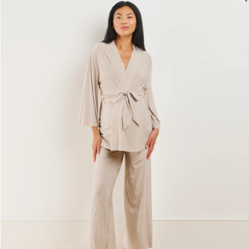 LAKE | Women | DreamModal Pajamas | Sandstone Pencil Stripe Maternity Kimono Bundle