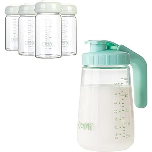 COMI 6oz,4 pcs,Wide Neck Glass Breastmilk Collection n Storage Bottle & 34oz Breast Milk Pitcher