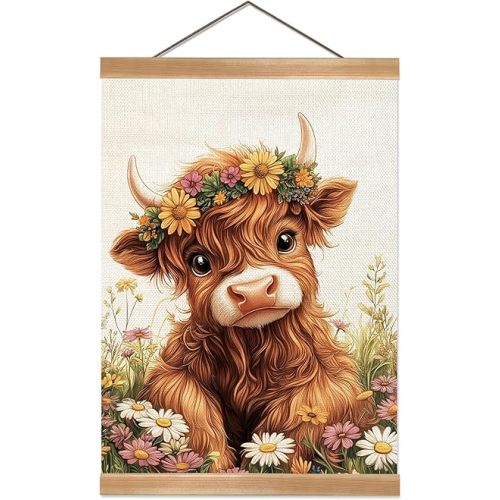 ZTGDA Cute Highland Cow Wall Art,Floral and Cow Canvas Poster,Rustic Boho Wall Hanging Animal Poster for Bedroom,Nursery, Playroom or Farmhouse Decor 12x16inch (Highland Cow)