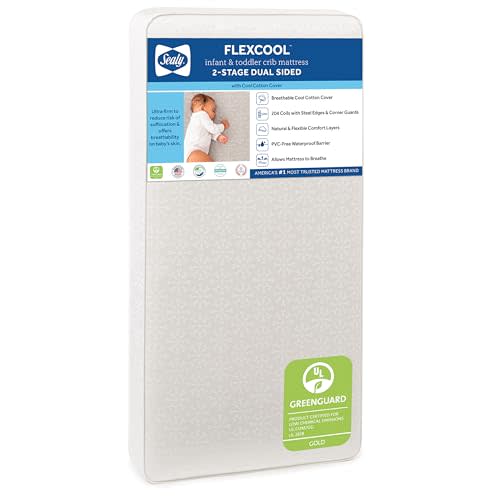 Sealy Baby Flex Cool 2 Stage Breathable Crib Mattress with Toddler Bed Fit, Waterproof & Airy Cotton Cover, 204 Premium Coils, GREENGUARD Gold Certified, Safety & Quality Tested, Made in USA, 52x28"