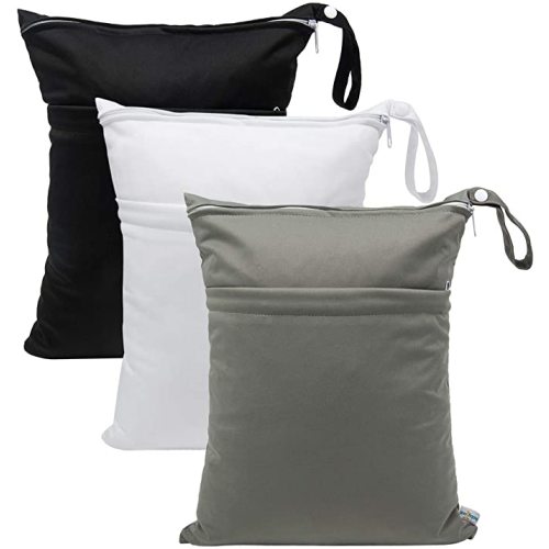 babygoal Wet Dry Bags for Baby Cloth Diapers, Waterproof Washable Travel Bags, Beach, Pool, Gym Bag for Swimsuits & Wet Clothes with 2 Pockets 3 Pack L-BWG - 01 Black&Grey&White