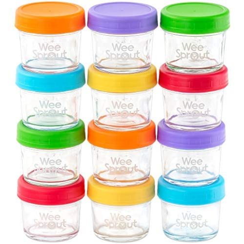 WeeSprout Glass Baby Food Storage Containers | 12 Set | 4 oz Baby Food Jars with Lids | Freezer Storage | Reusable Small Glass Baby Food Containers | Microwave/Dishwasher Friendly | for Infants/Babies - Bright Variety