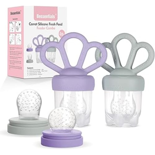 Bessentials Carrot Baby Fresh Fruit Food Feeder & 2 Pack Silicone Mesh Baby Feeders | Safe Infant Self-Feeding|Includes 3 Sizes of Food Pouches |Suitable for Baby 4M+|BPA-Free (Lilac & Misty Green)
